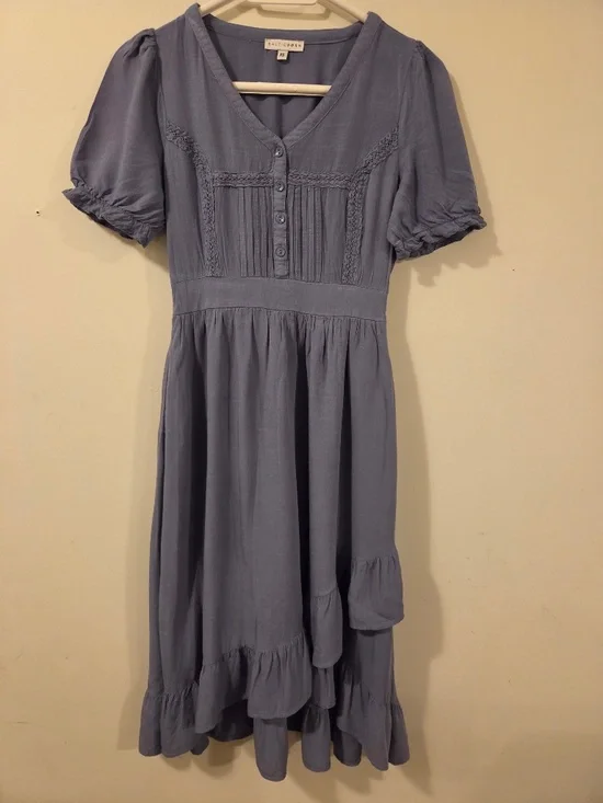 Baltic Born blue midi dress XS puff sleeves tiered pleats cottage core prairie - Picture 3 of 16